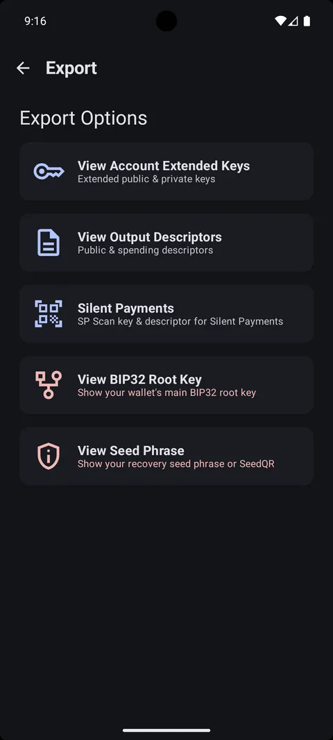 Export keys, descriptors, and SP scan keys
